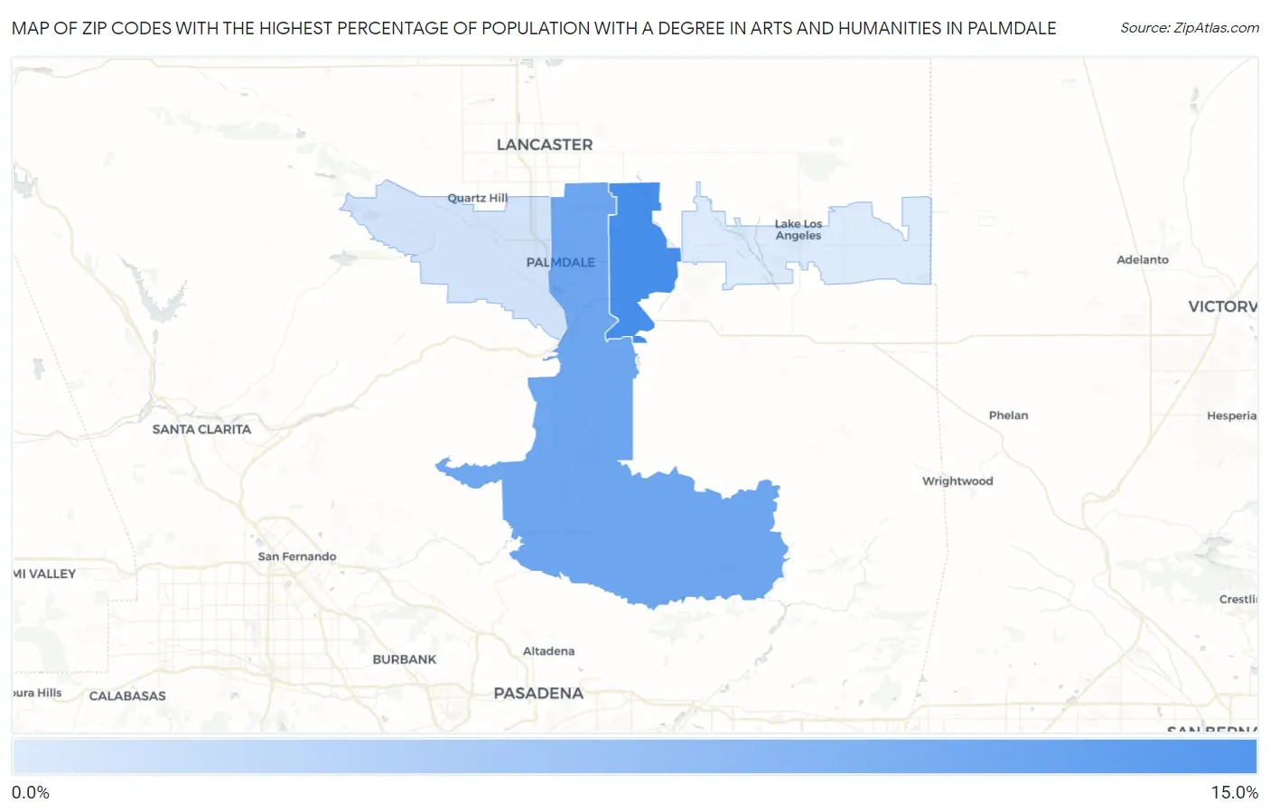Zip Codes with the Highest Percentage of Population with a Degree in Arts and Humanities in Palmdale Map