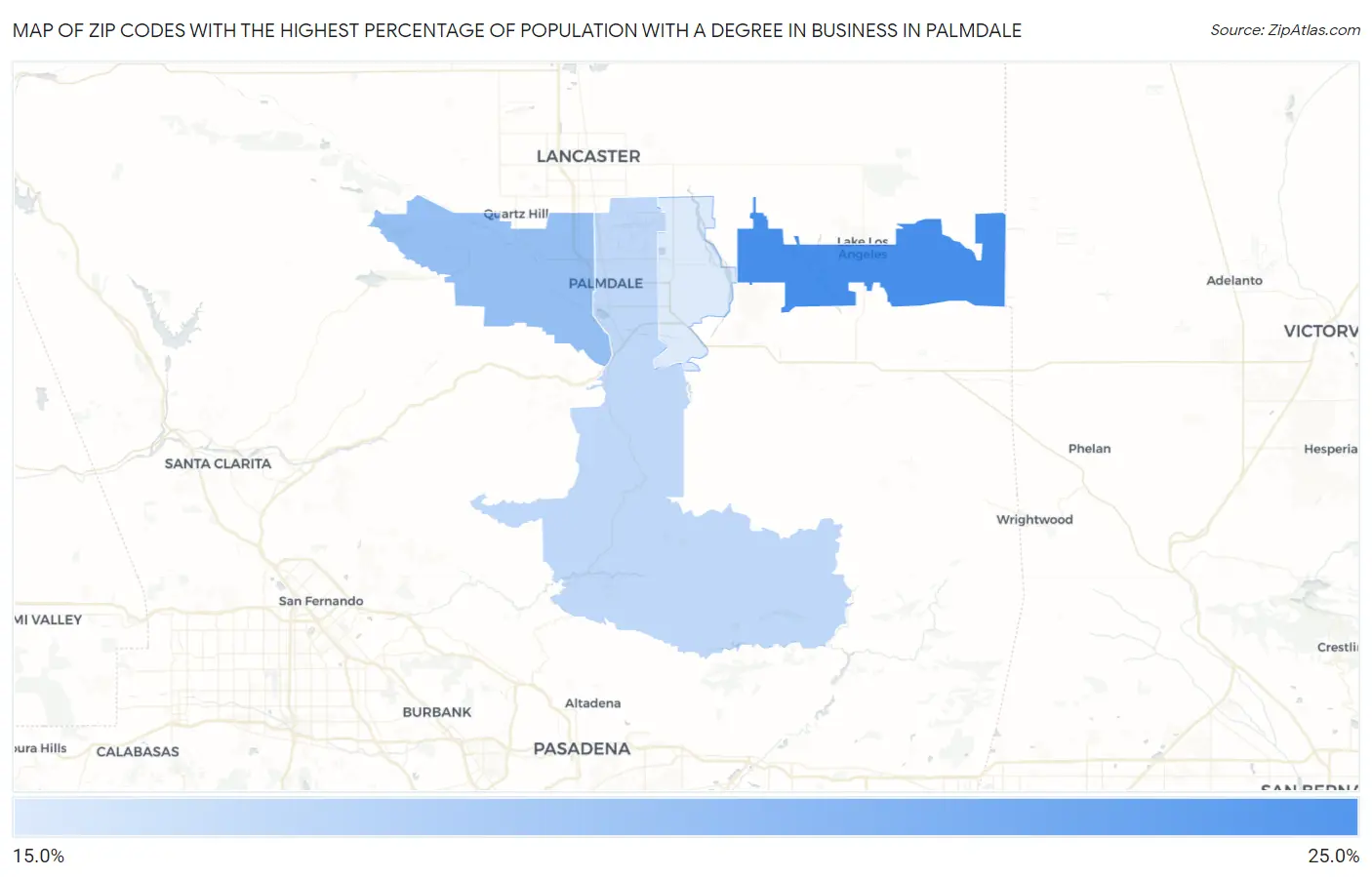 Zip Codes with the Highest Percentage of Population with a Degree in Business in Palmdale Map