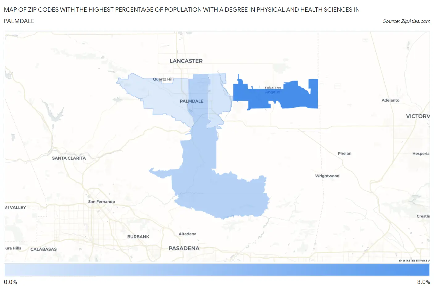 Zip Codes with the Highest Percentage of Population with a Degree in Physical and Health Sciences in Palmdale Map