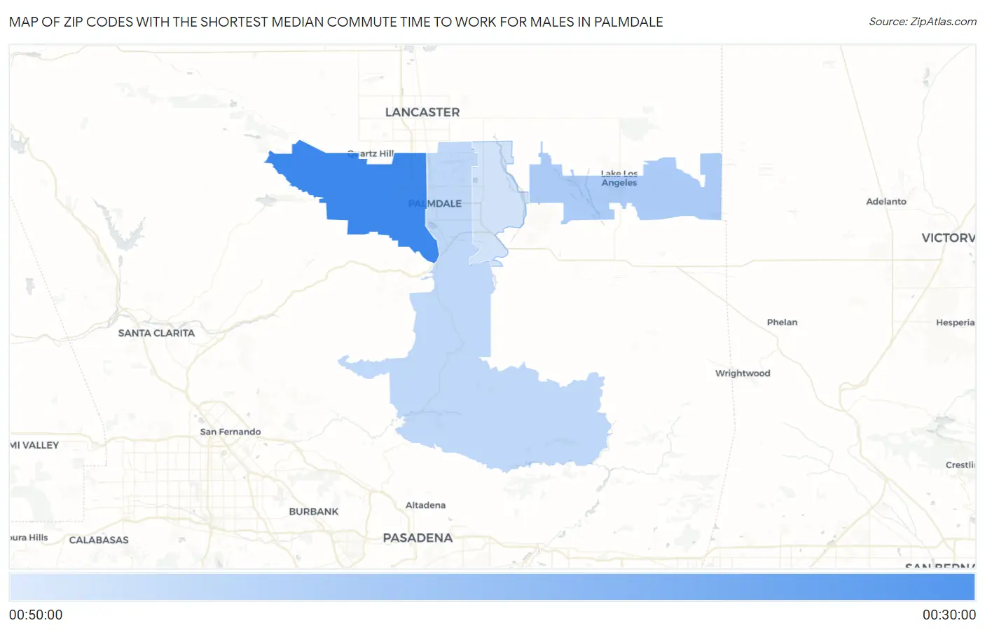 Zip Codes with the Shortest Median Commute Time to Work for Males in Palmdale Map