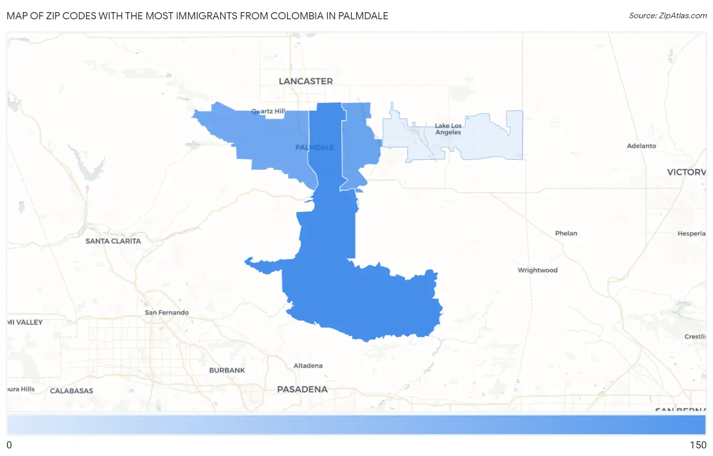 Zip Codes with the Most Immigrants from Colombia in Palmdale Map