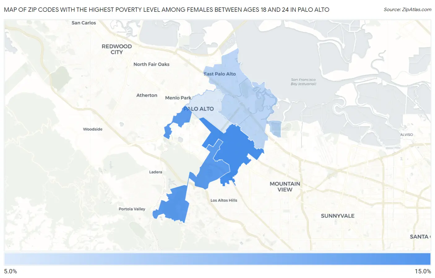Zip Codes with the Highest Poverty Level Among Females Between Ages 18 and 24 in Palo Alto Map