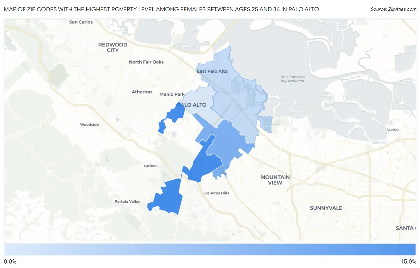 Zip Codes with the Highest Poverty Level Among Females Between Ages 25 and 34 in Palo Alto Map