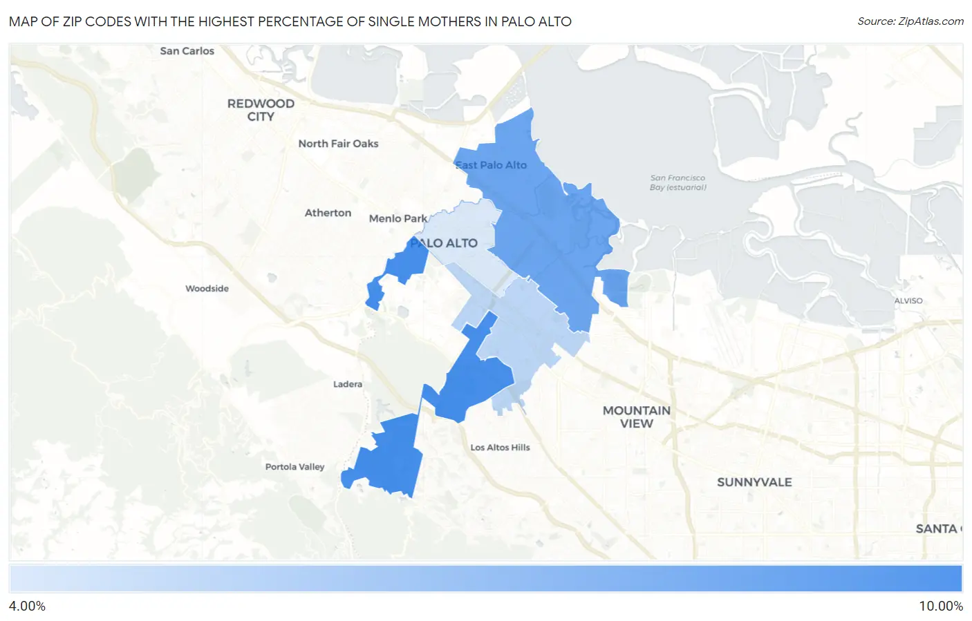 Zip Codes with the Highest Percentage of Single Mothers in Palo Alto Map