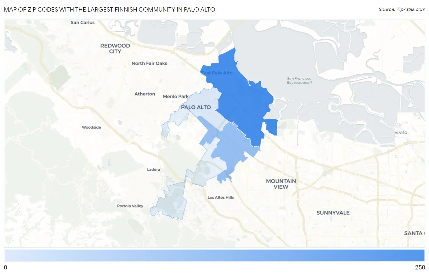 Zip Codes with the Largest Finnish Community in Palo Alto Map