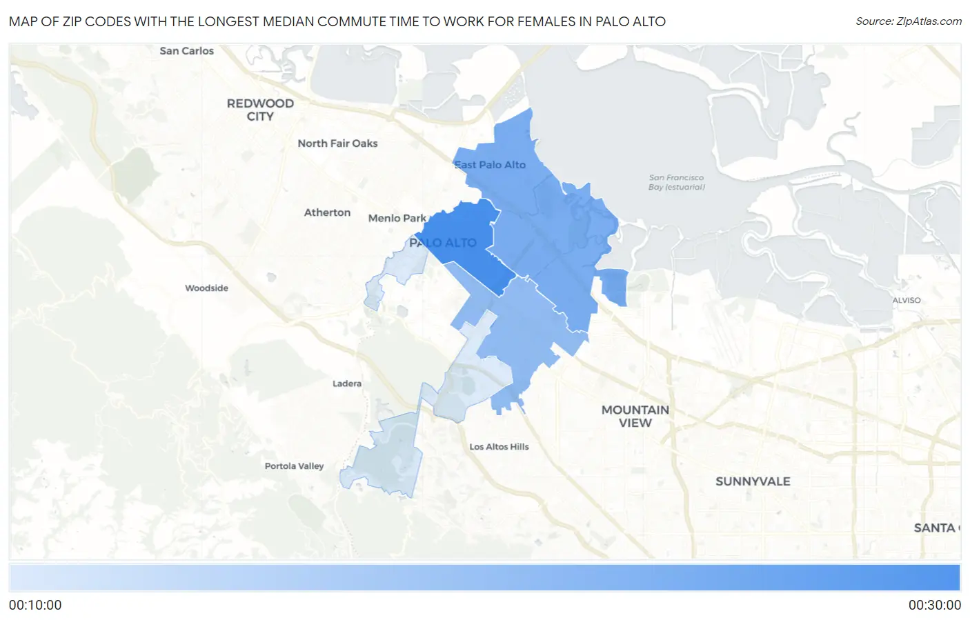 Zip Codes with the Longest Median Commute Time to Work for Females in Palo Alto Map