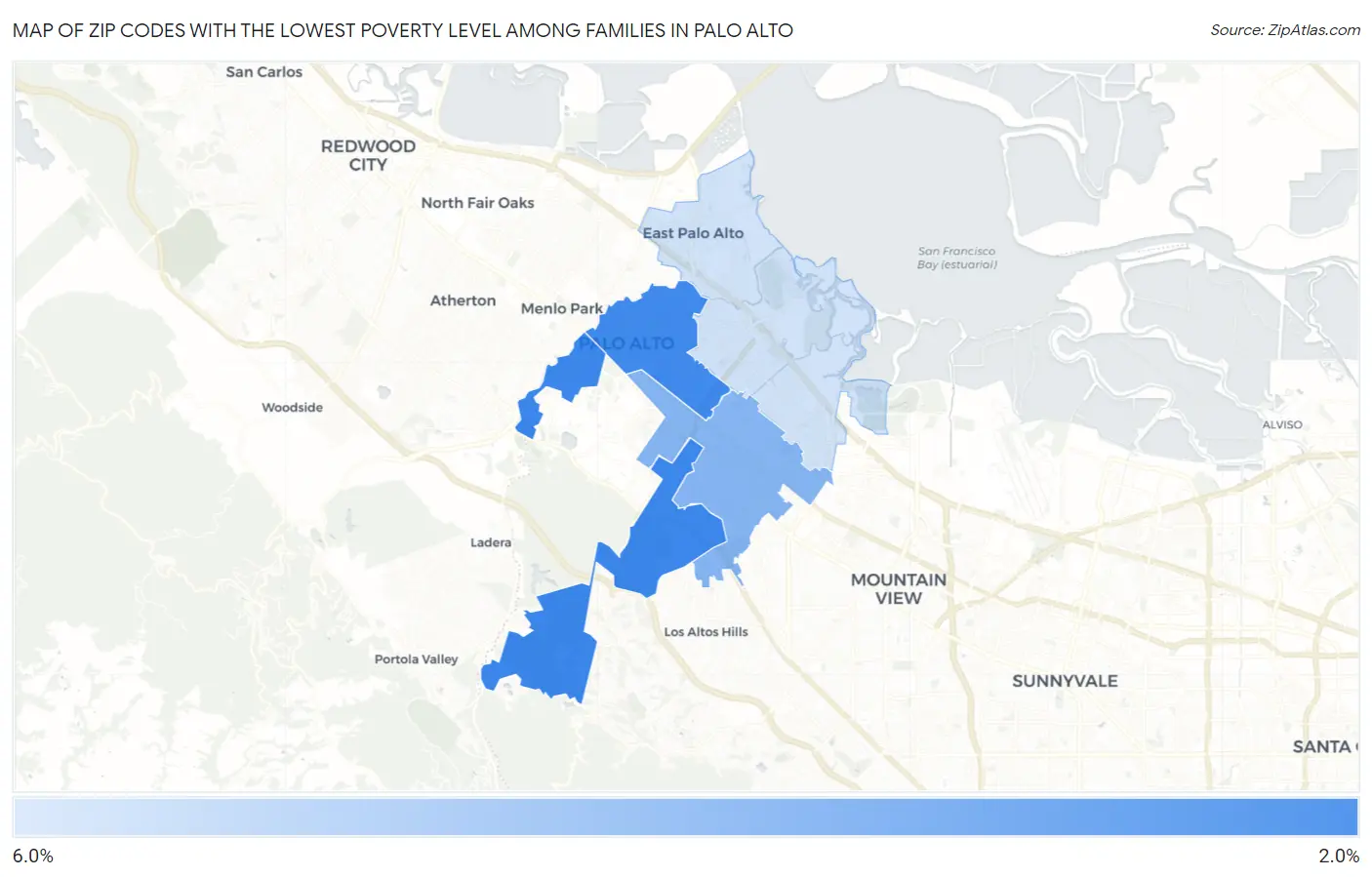Zip Codes with the Lowest Poverty Level Among Families in Palo Alto Map