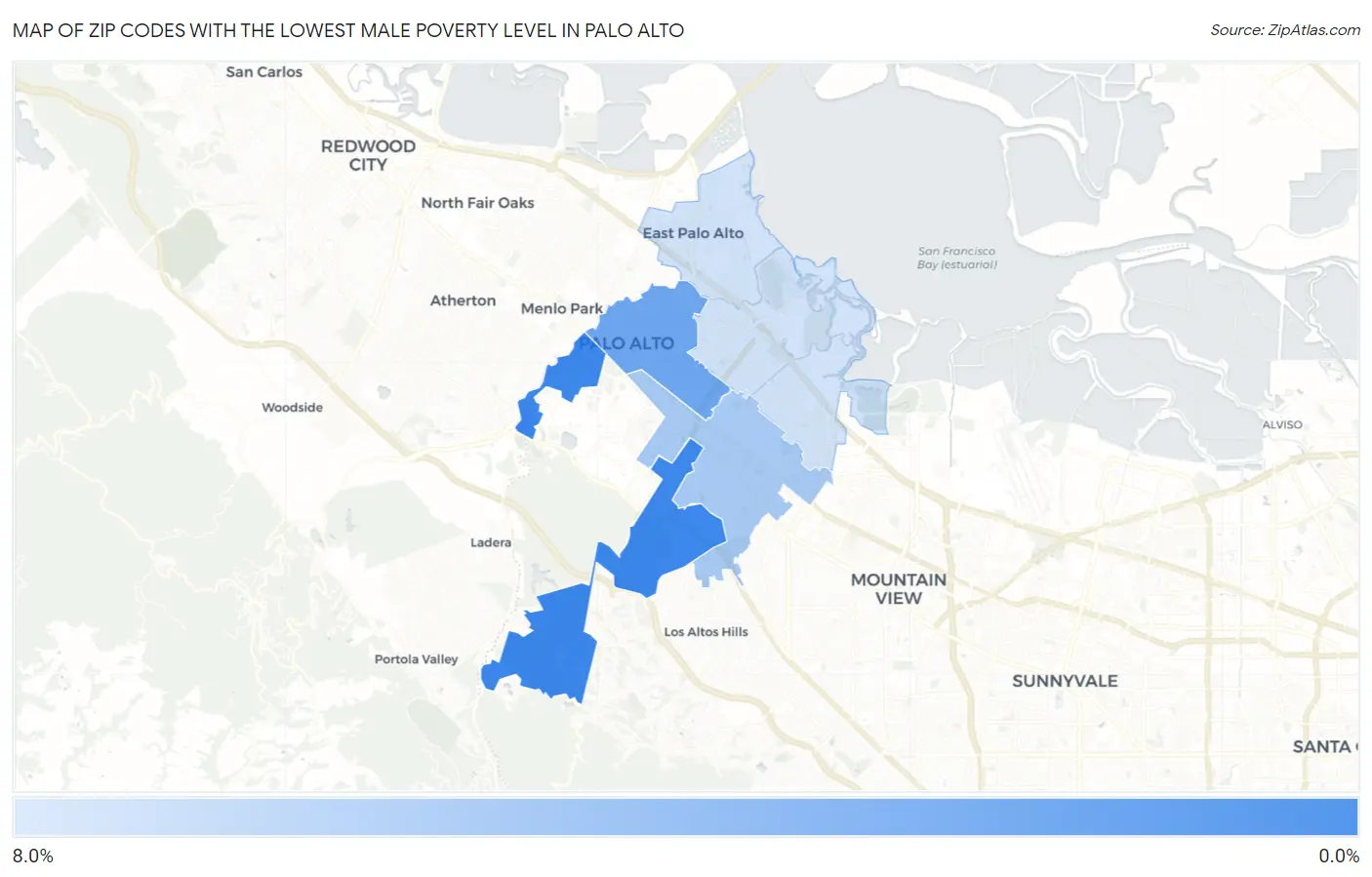 Zip Codes with the Lowest Male Poverty Level in Palo Alto Map