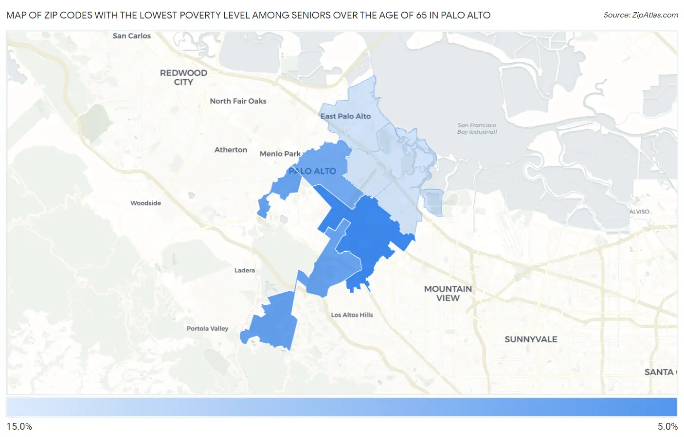 Zip Codes with the Lowest Poverty Level Among Seniors Over the Age of 65 in Palo Alto Map