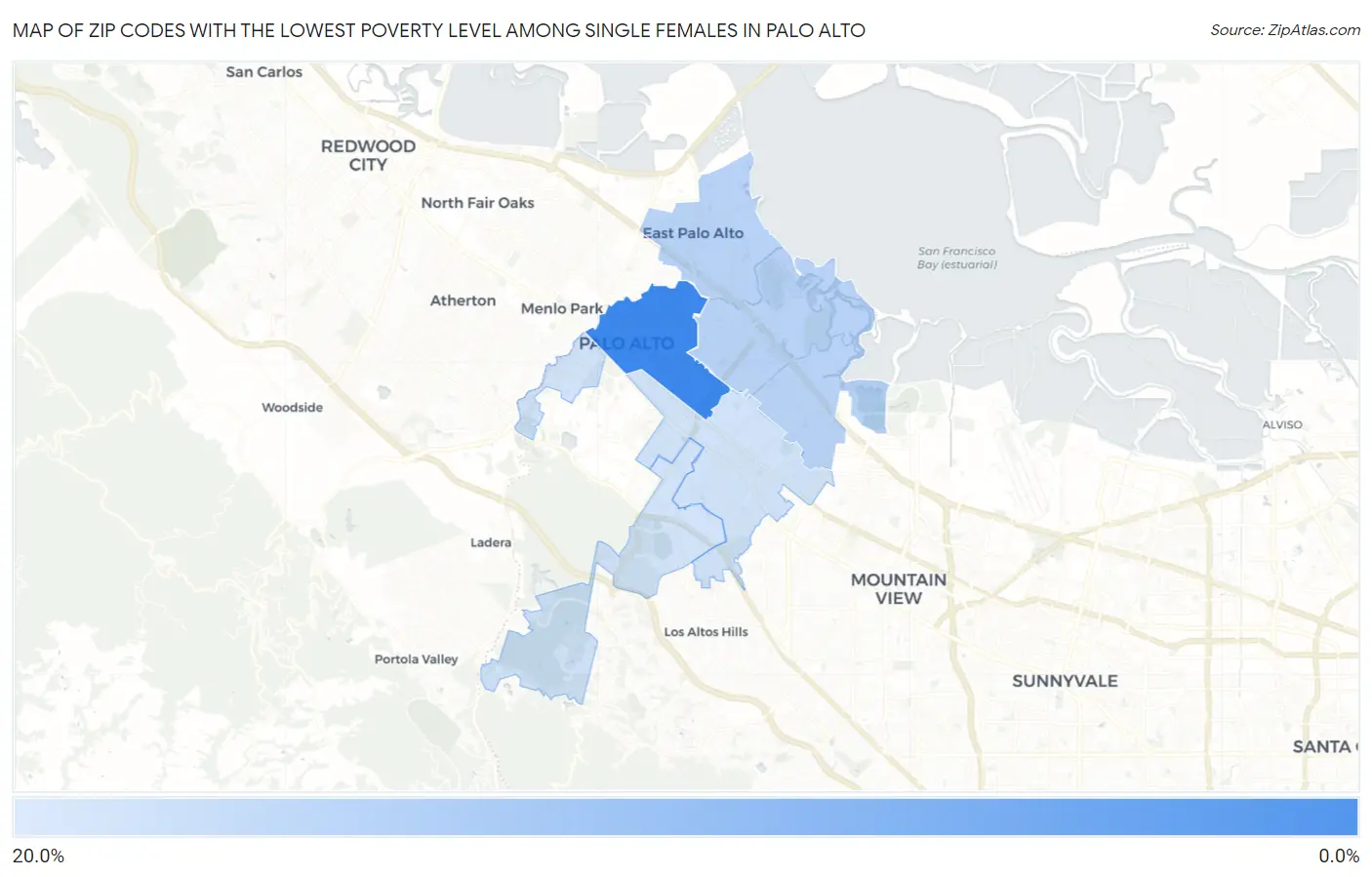 Zip Codes with the Lowest Poverty Level Among Single Females in Palo Alto Map