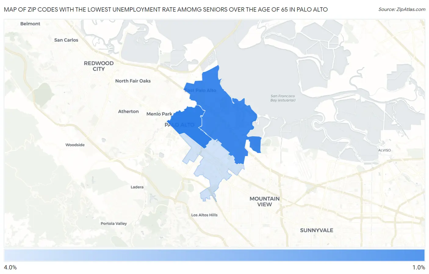 Zip Codes with the Lowest Unemployment Rate Amomg Seniors Over the Age of 65 in Palo Alto Map