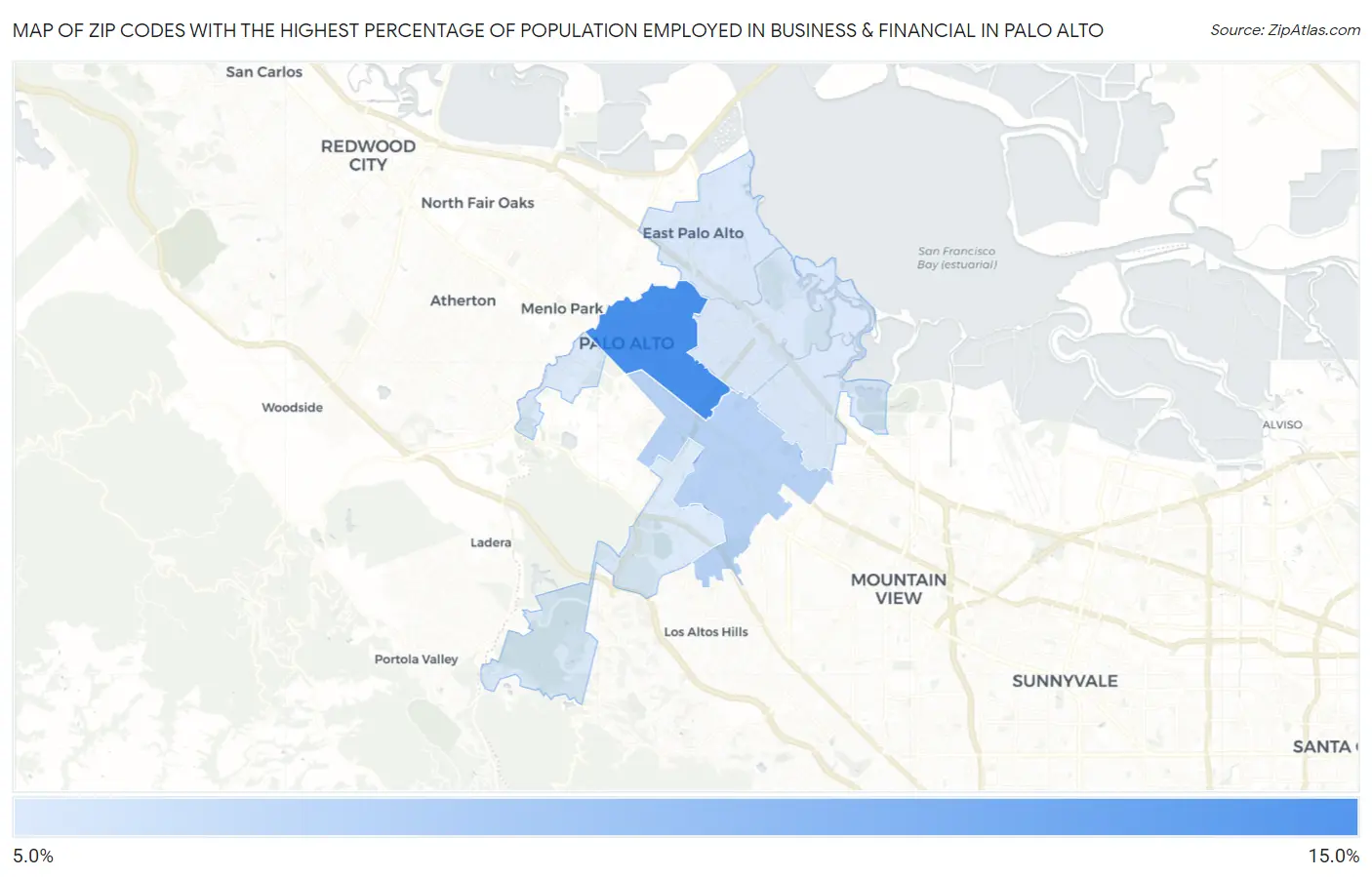 Zip Codes with the Highest Percentage of Population Employed in Business & Financial in Palo Alto Map