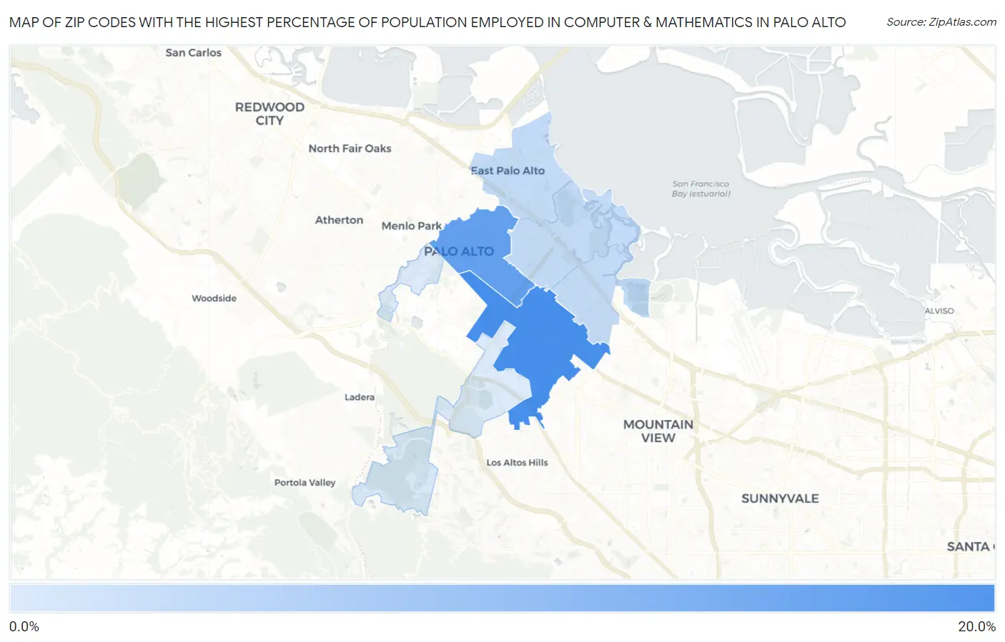 Zip Codes with the Highest Percentage of Population Employed in Computer & Mathematics in Palo Alto Map