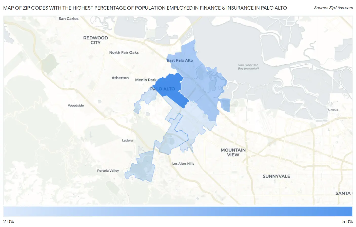 Zip Codes with the Highest Percentage of Population Employed in Finance & Insurance in Palo Alto Map