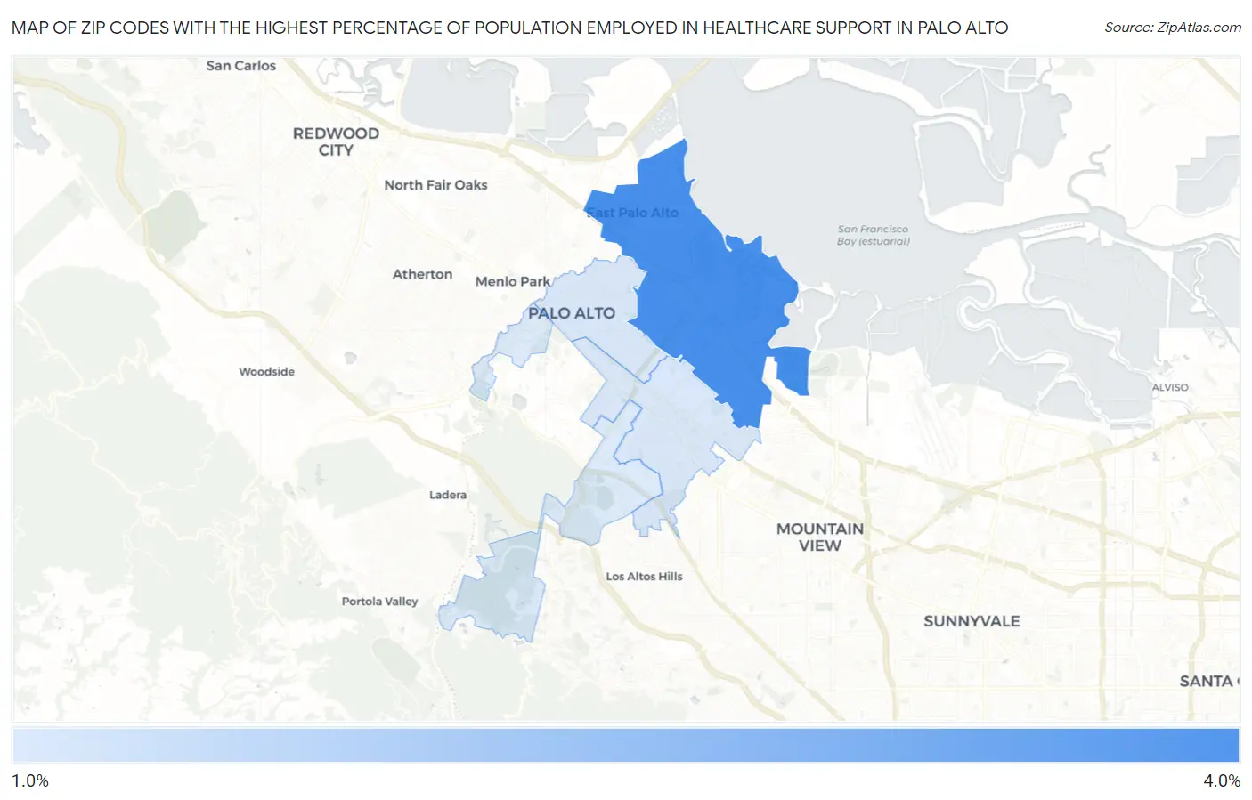 Zip Codes with the Highest Percentage of Population Employed in Healthcare Support in Palo Alto Map