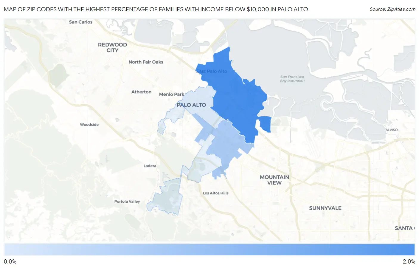Zip Codes with the Highest Percentage of Families with Income Below $10,000 in Palo Alto Map