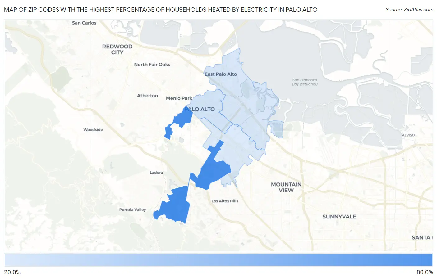 Zip Codes with the Highest Percentage of Households Heated by Electricity in Palo Alto Map