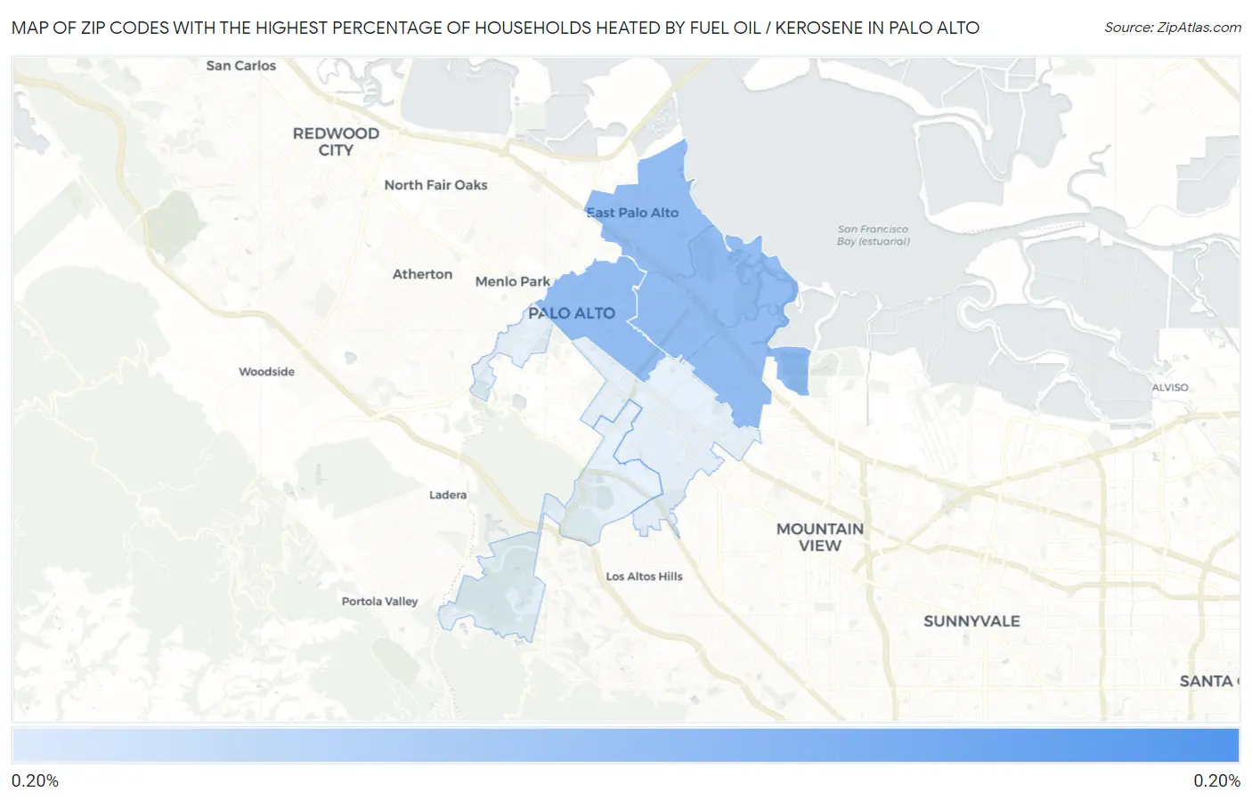 Zip Codes with the Highest Percentage of Households Heated by Fuel Oil / Kerosene in Palo Alto Map