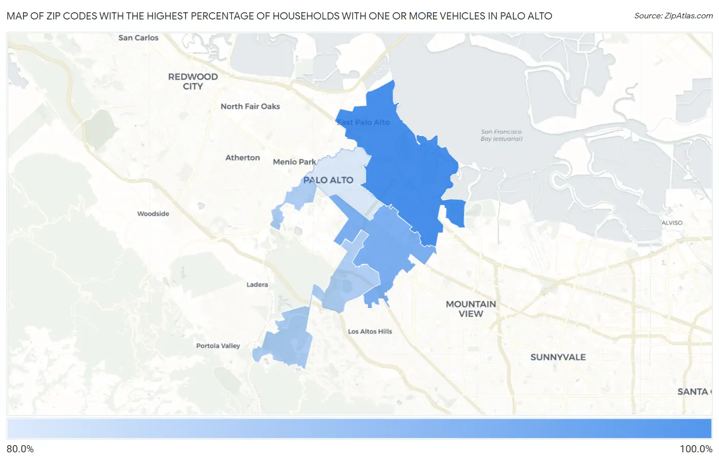 Zip Codes with the Highest Percentage of Households With One or more Vehicles in Palo Alto Map