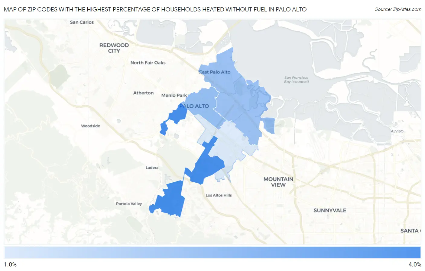 Zip Codes with the Highest Percentage of Households Heated without Fuel in Palo Alto Map