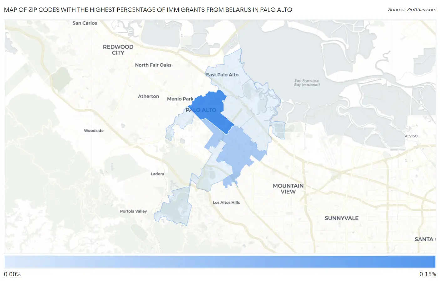 Zip Codes with the Highest Percentage of Immigrants from Belarus in Palo Alto Map