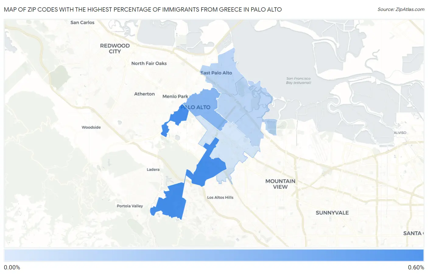 Zip Codes with the Highest Percentage of Immigrants from Greece in Palo Alto Map