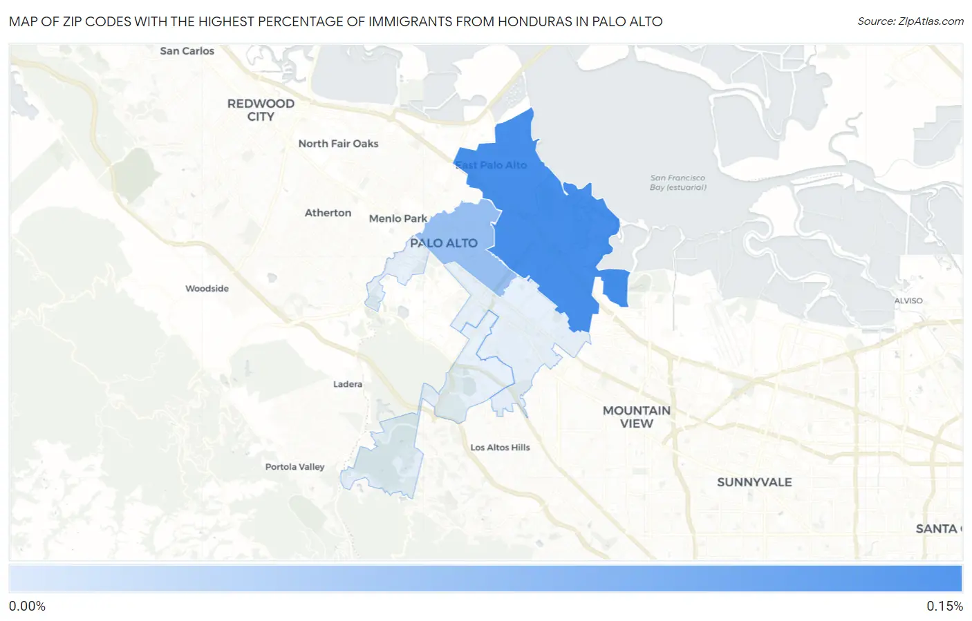 Zip Codes with the Highest Percentage of Immigrants from Honduras in Palo Alto Map