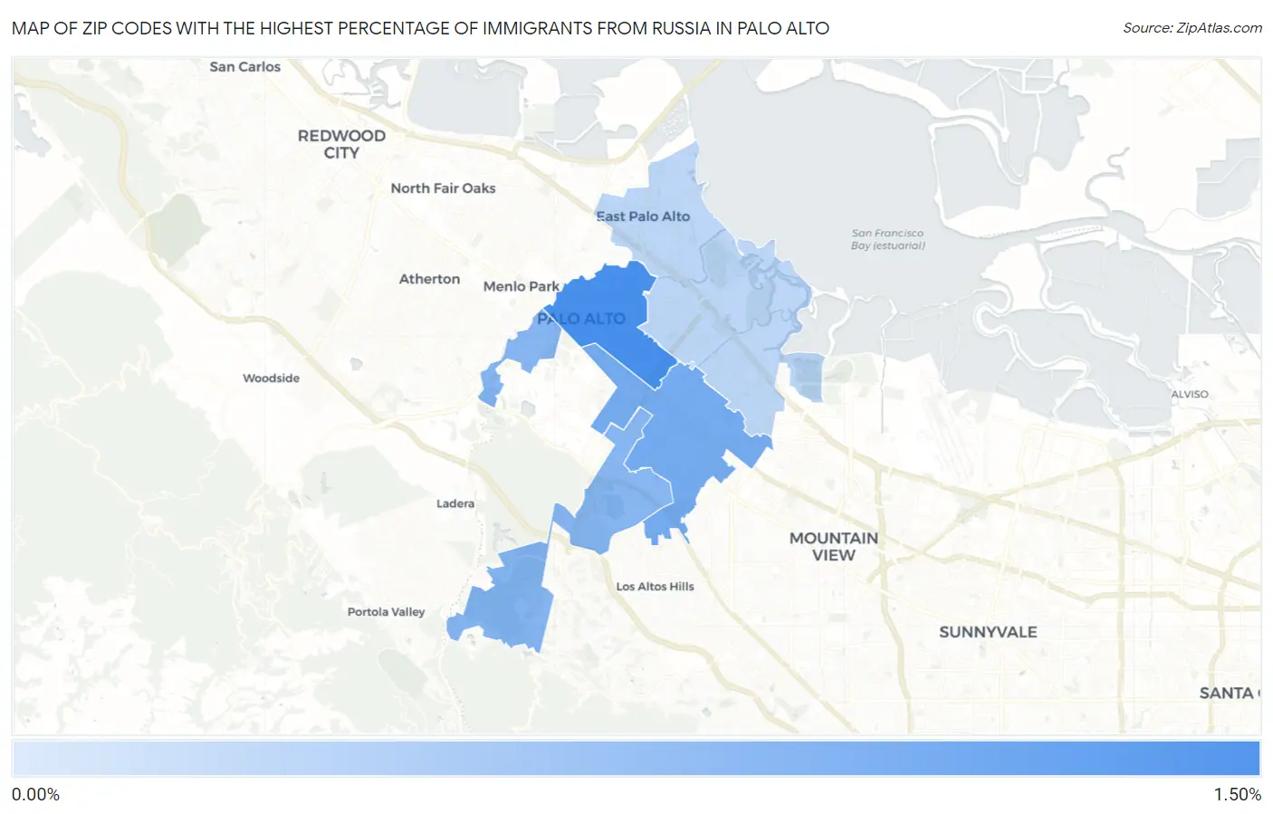 Zip Codes with the Highest Percentage of Immigrants from Russia in Palo Alto Map