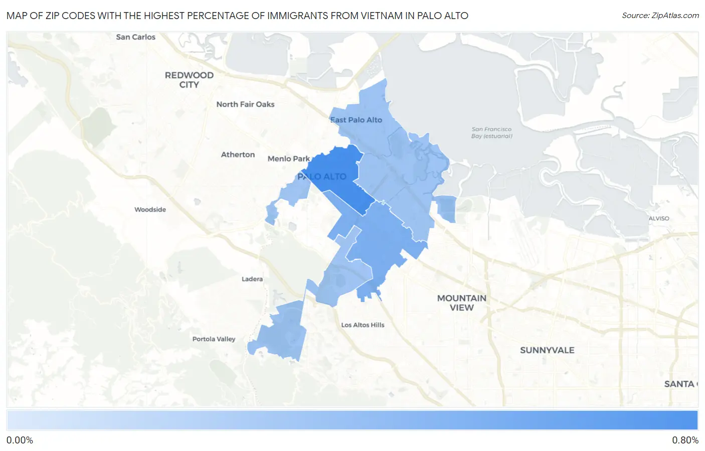 Zip Codes with the Highest Percentage of Immigrants from Vietnam in Palo Alto Map
