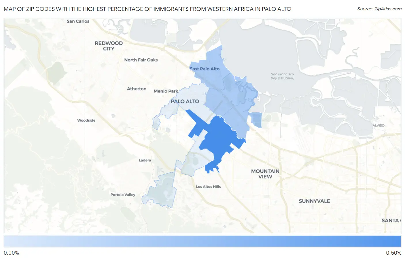Zip Codes with the Highest Percentage of Immigrants from Western Africa in Palo Alto Map