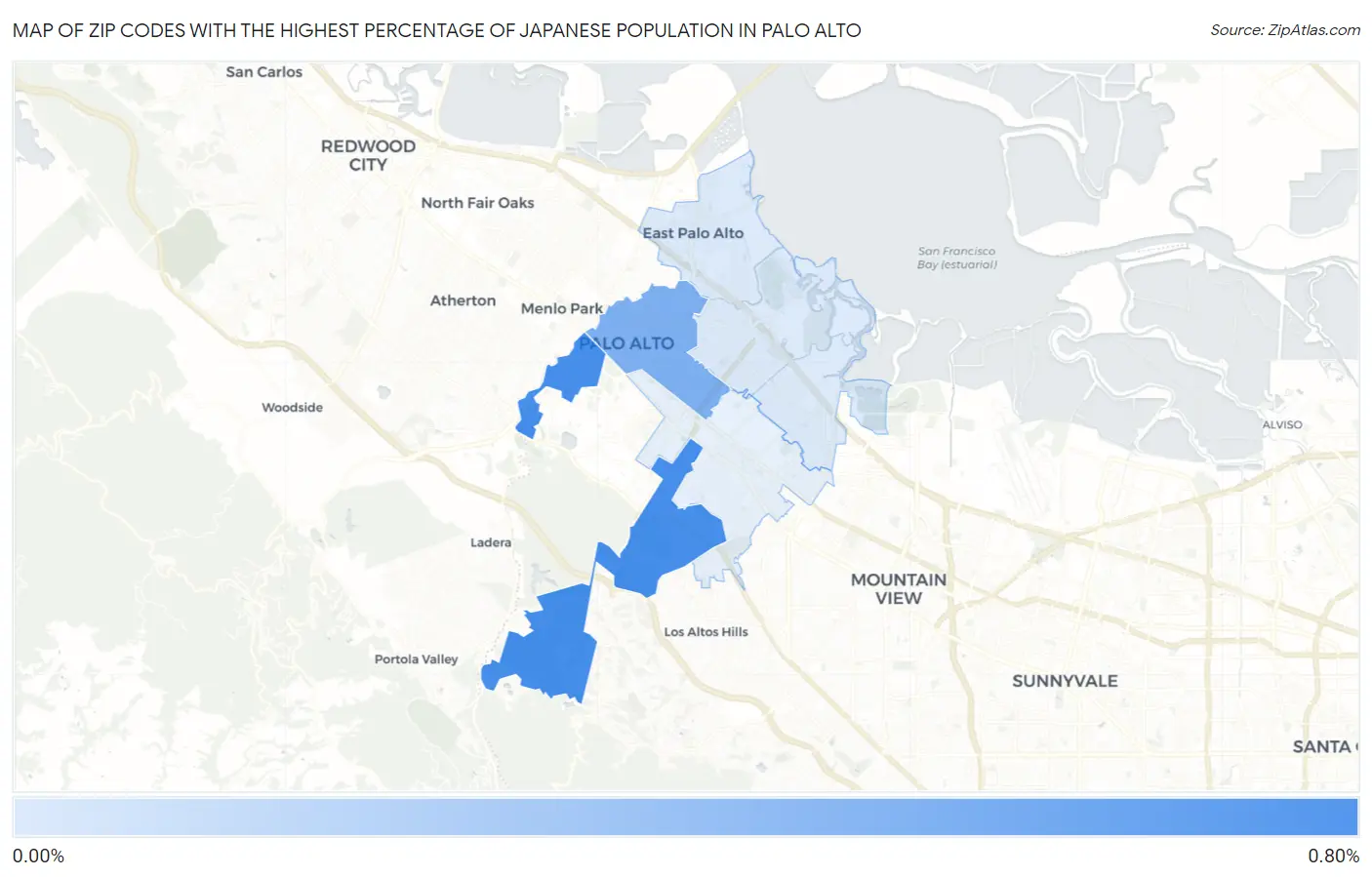 Zip Codes with the Highest Percentage of Japanese Population in Palo Alto Map