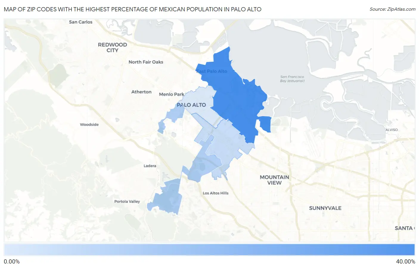 Zip Codes with the Highest Percentage of Mexican Population in Palo Alto Map