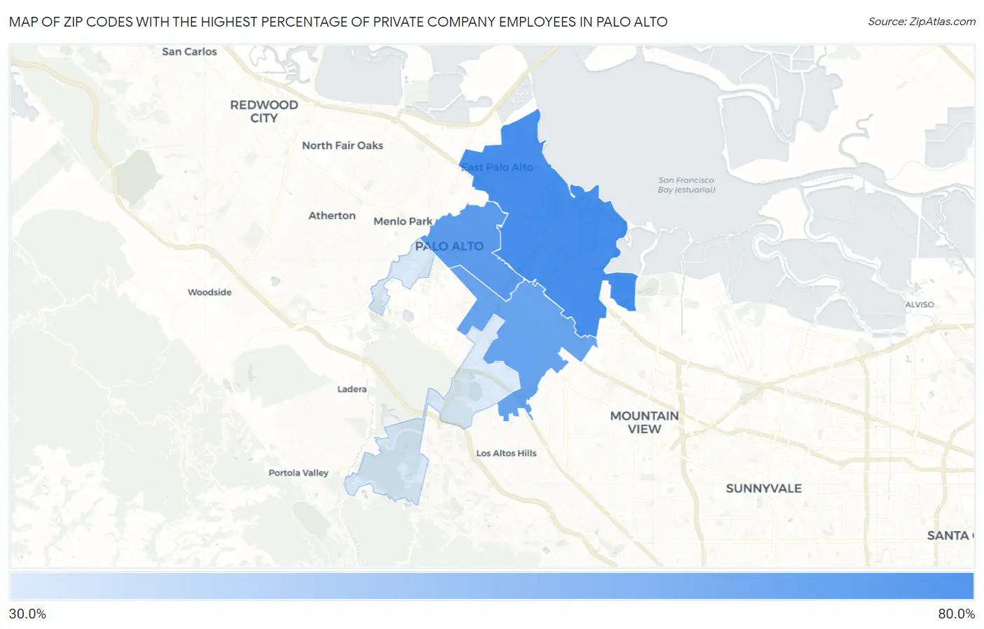 Zip Codes with the Highest Percentage of Private Company Employees in Palo Alto Map