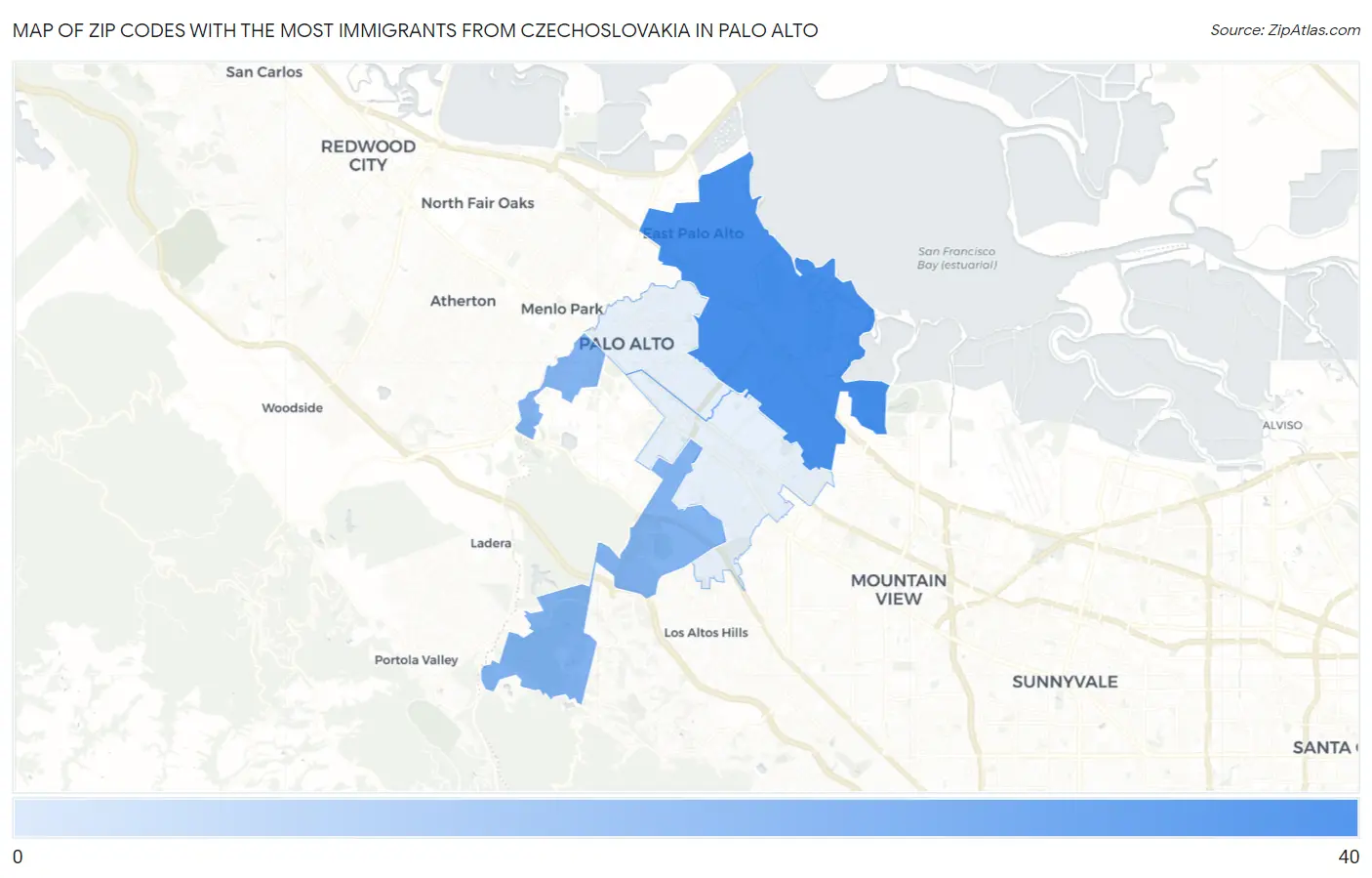 Zip Codes with the Most Immigrants from Czechoslovakia in Palo Alto Map