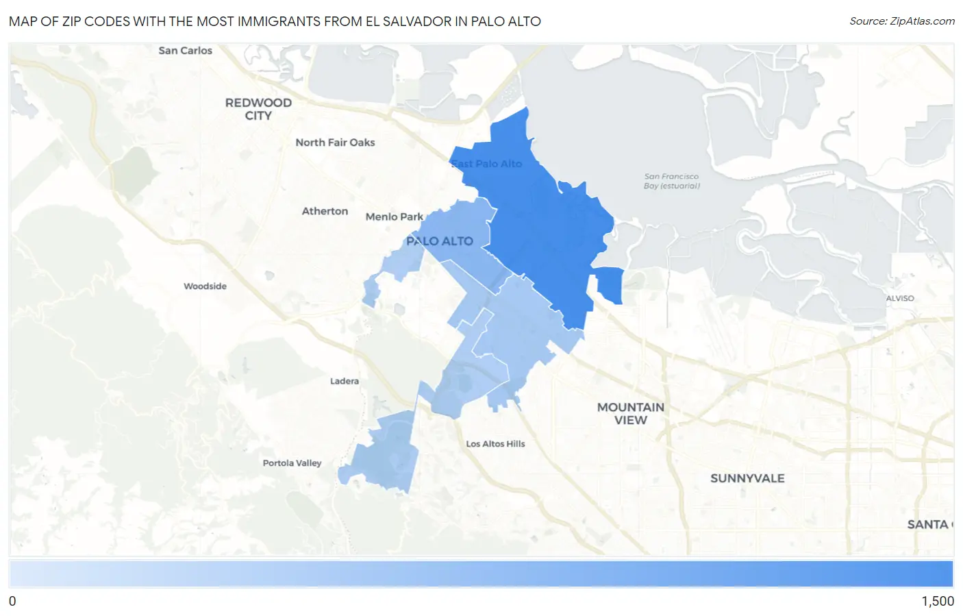 Zip Codes with the Most Immigrants from El Salvador in Palo Alto Map