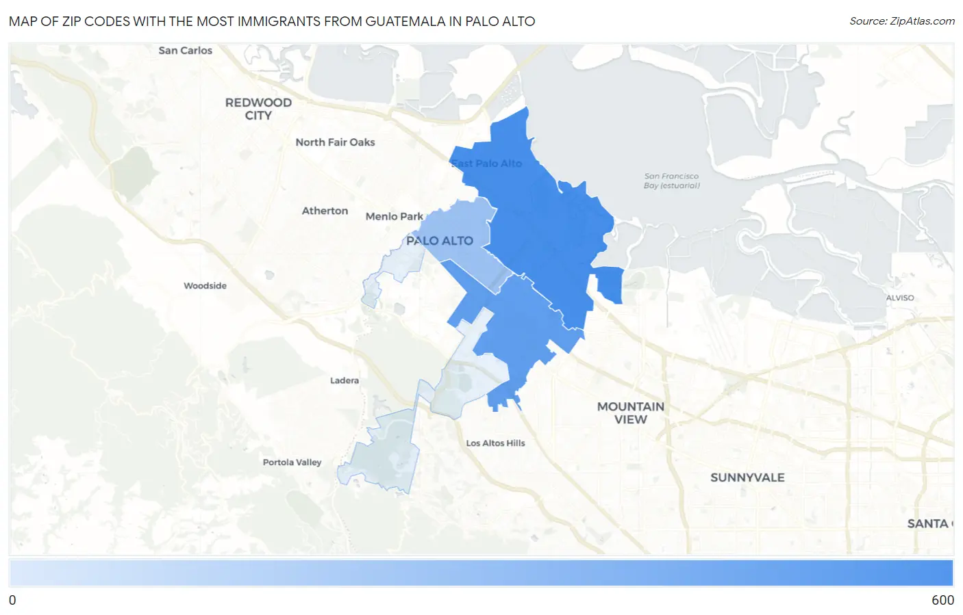Zip Codes with the Most Immigrants from Guatemala in Palo Alto Map