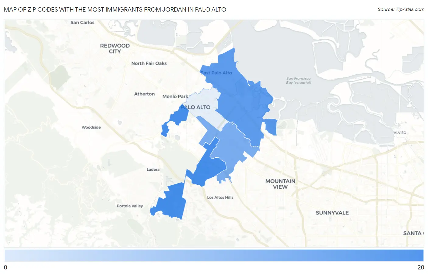 Zip Codes with the Most Immigrants from Jordan in Palo Alto Map
