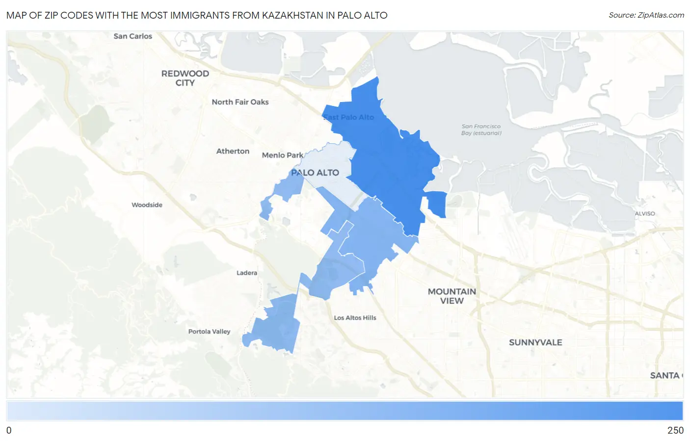 Zip Codes with the Most Immigrants from Kazakhstan in Palo Alto Map