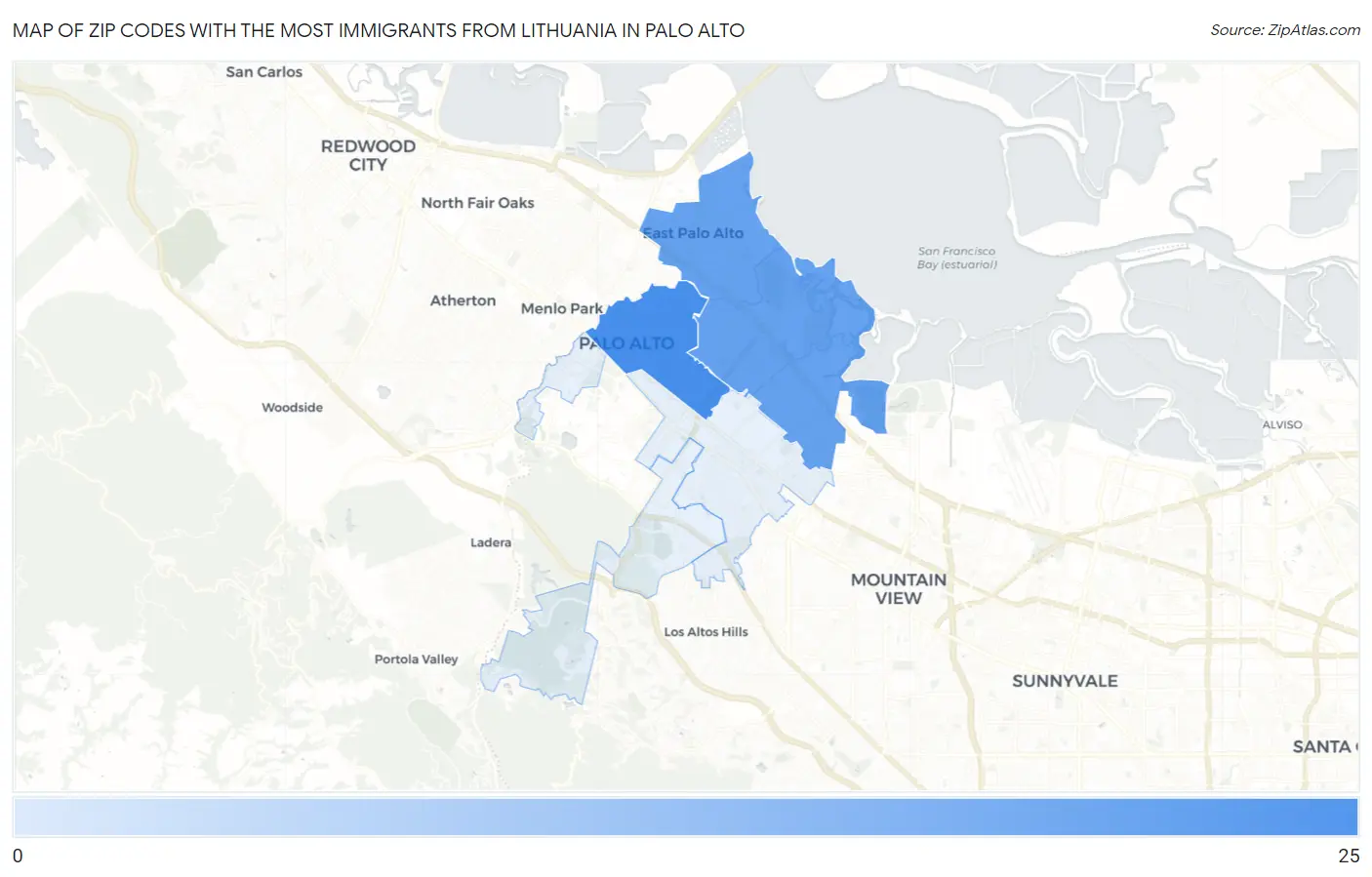 Zip Codes with the Most Immigrants from Lithuania in Palo Alto Map