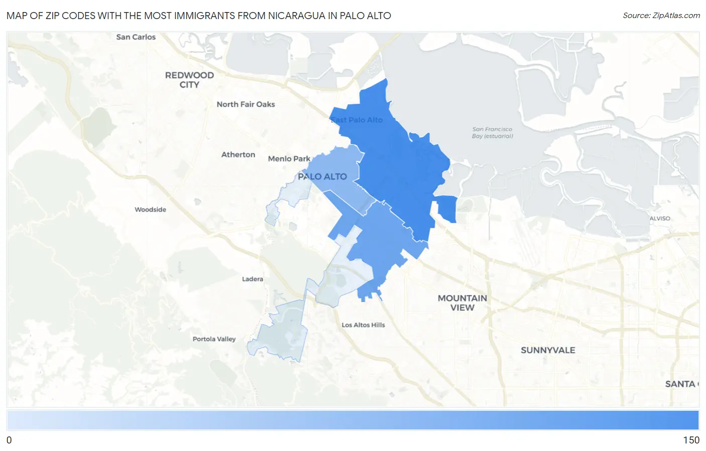 Zip Codes with the Most Immigrants from Nicaragua in Palo Alto Map