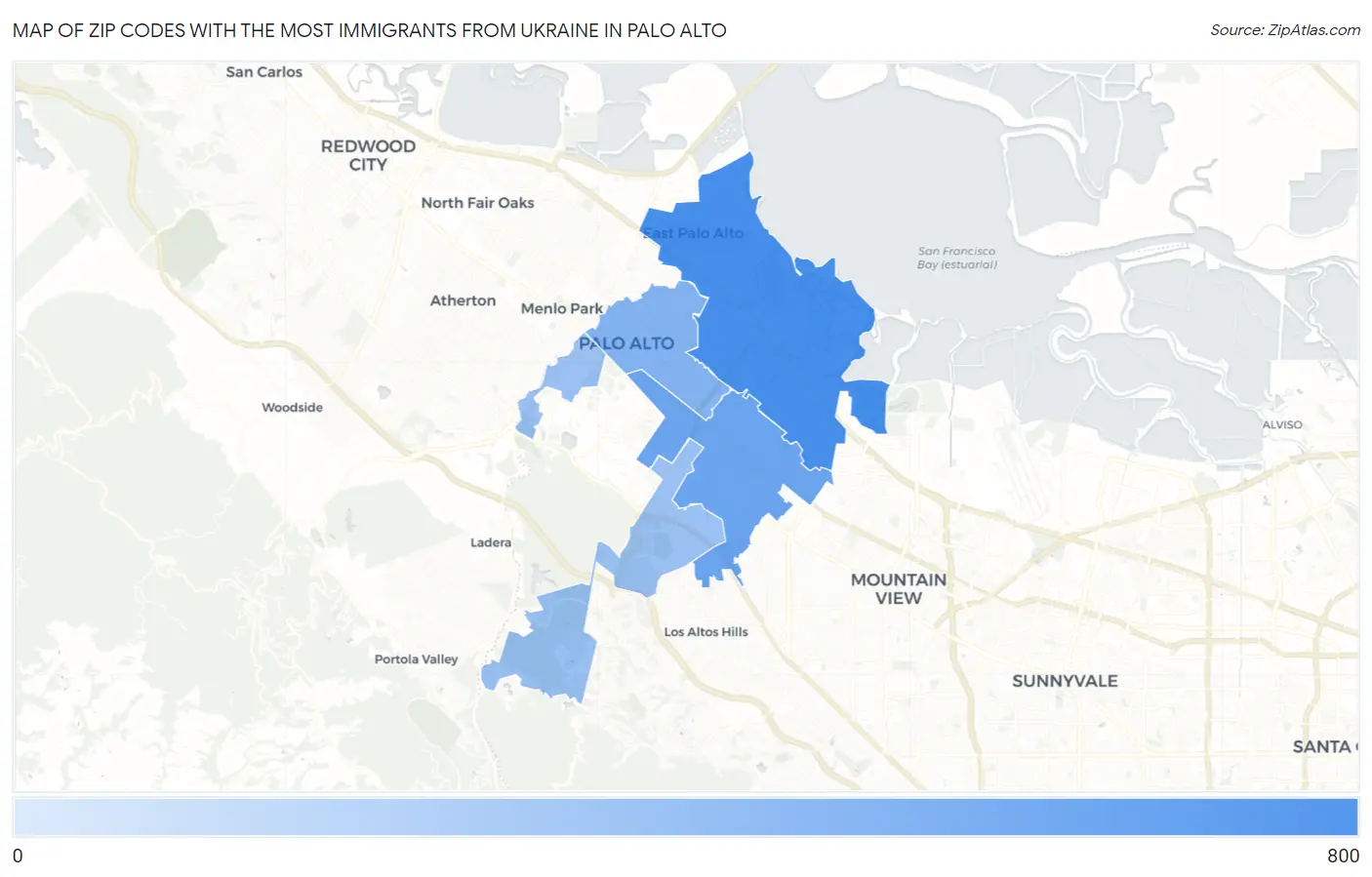 Zip Codes with the Most Immigrants from Ukraine in Palo Alto Map