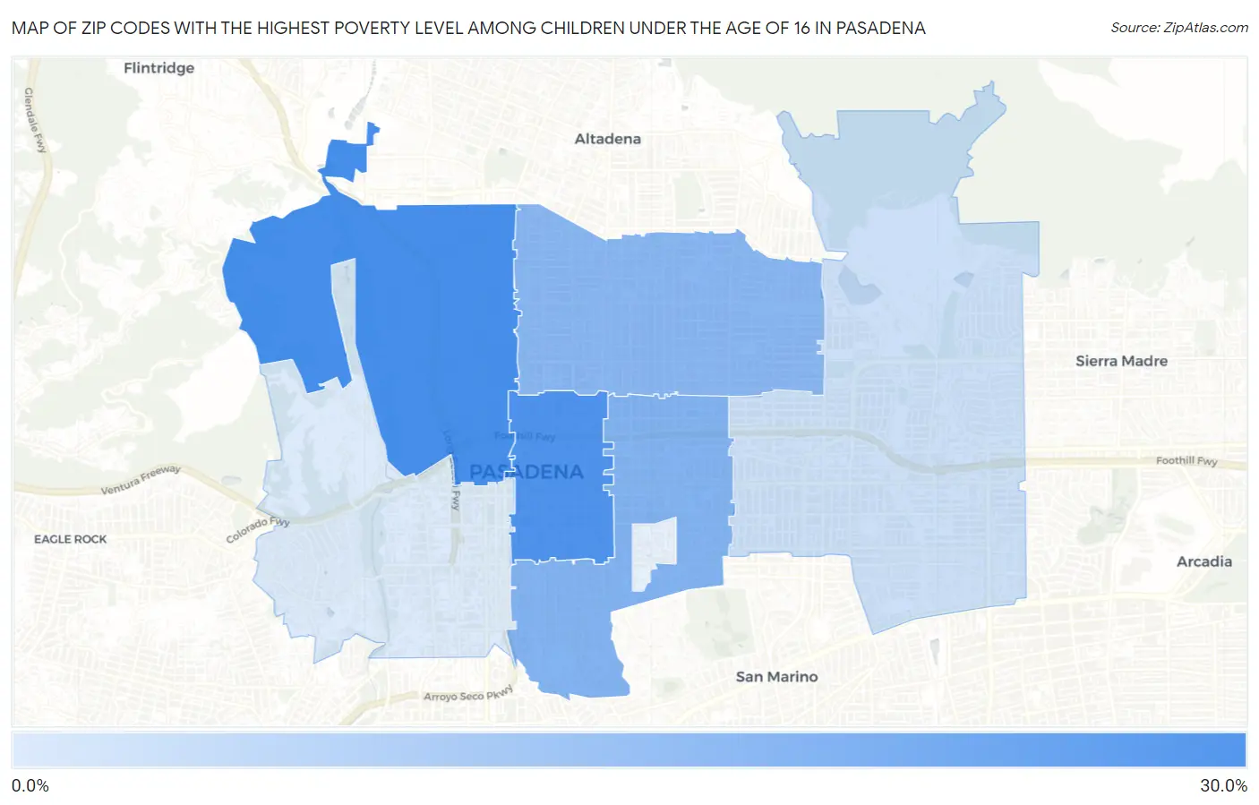 Zip Codes with the Highest Poverty Level Among Children Under the Age of 16 in Pasadena Map