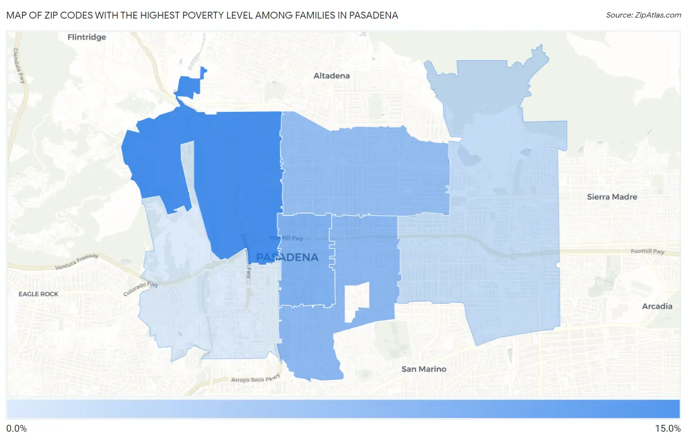 Zip Codes with the Highest Poverty Level Among Families in Pasadena Map
