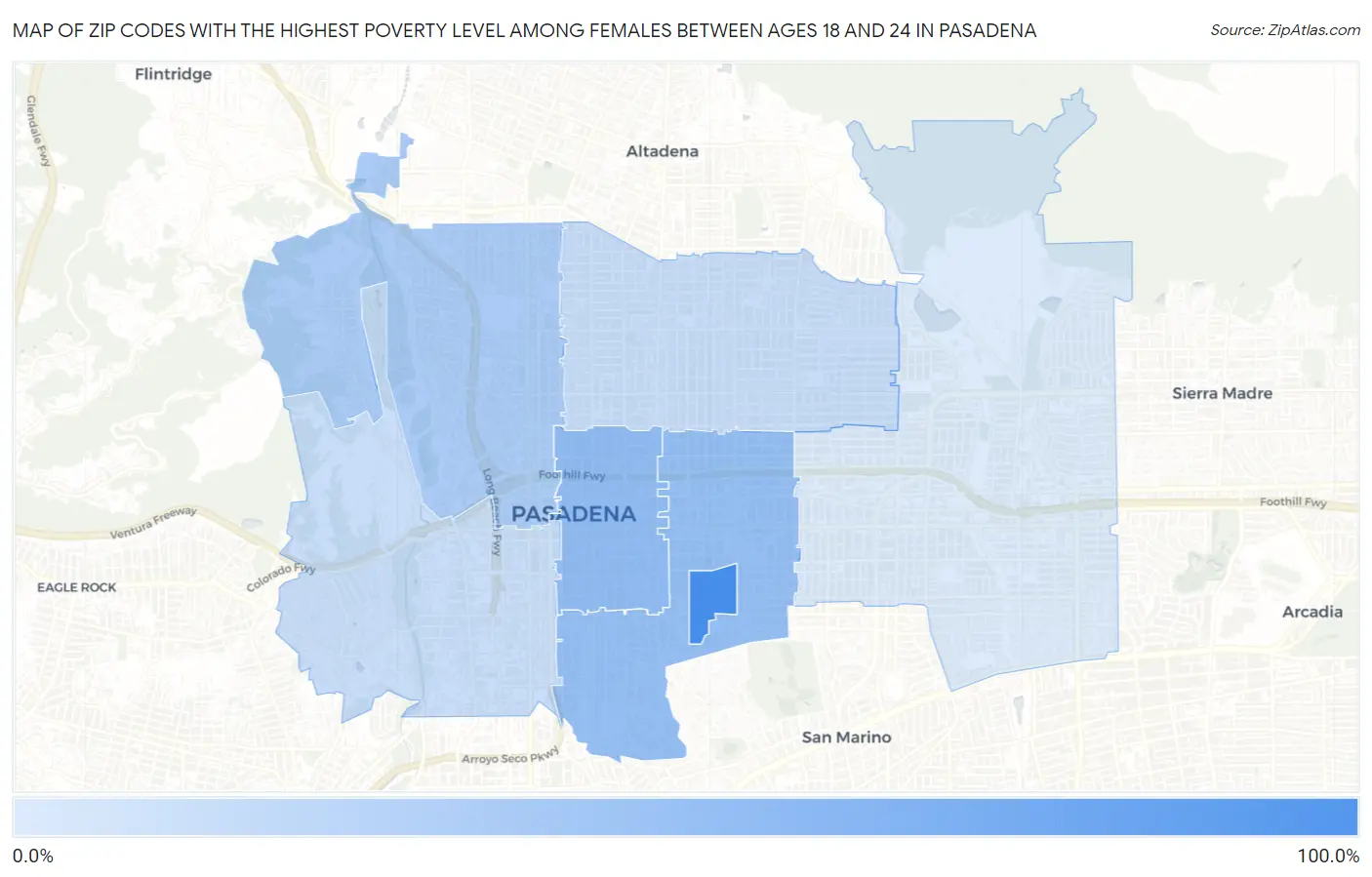 Zip Codes with the Highest Poverty Level Among Females Between Ages 18 and 24 in Pasadena Map