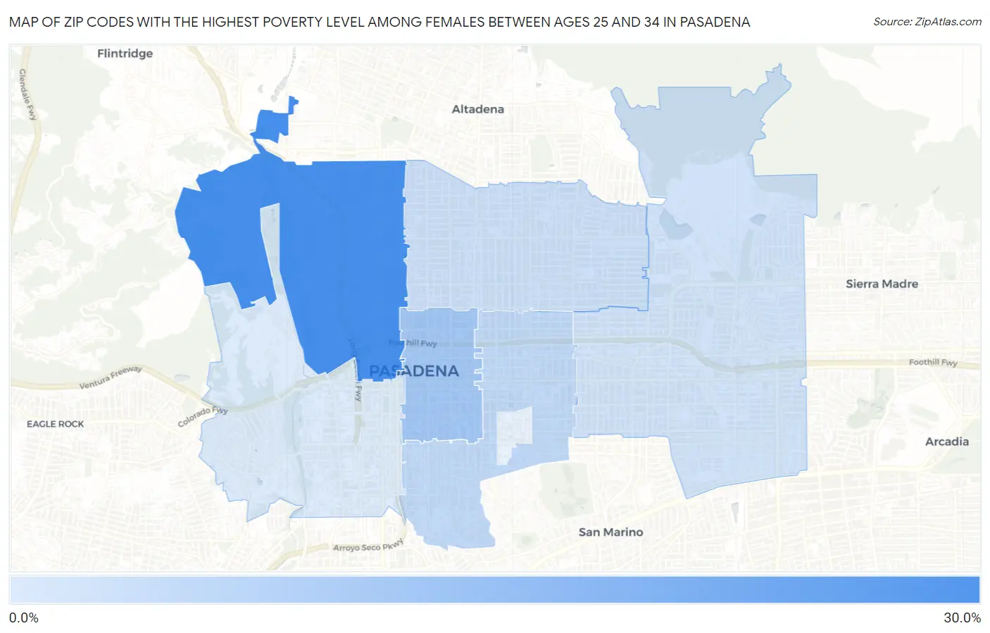 Zip Codes with the Highest Poverty Level Among Females Between Ages 25 and 34 in Pasadena Map