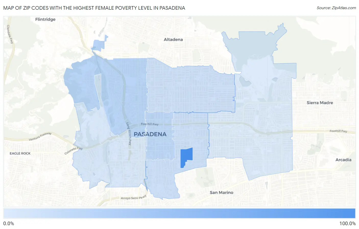 Zip Codes with the Highest Female Poverty Level in Pasadena Map