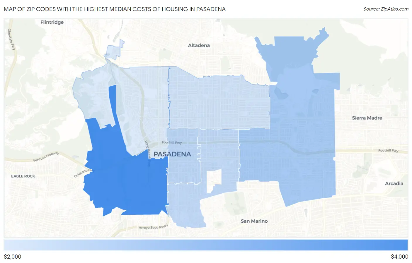 Zip Codes with the Highest Median Costs of Housing in Pasadena Map