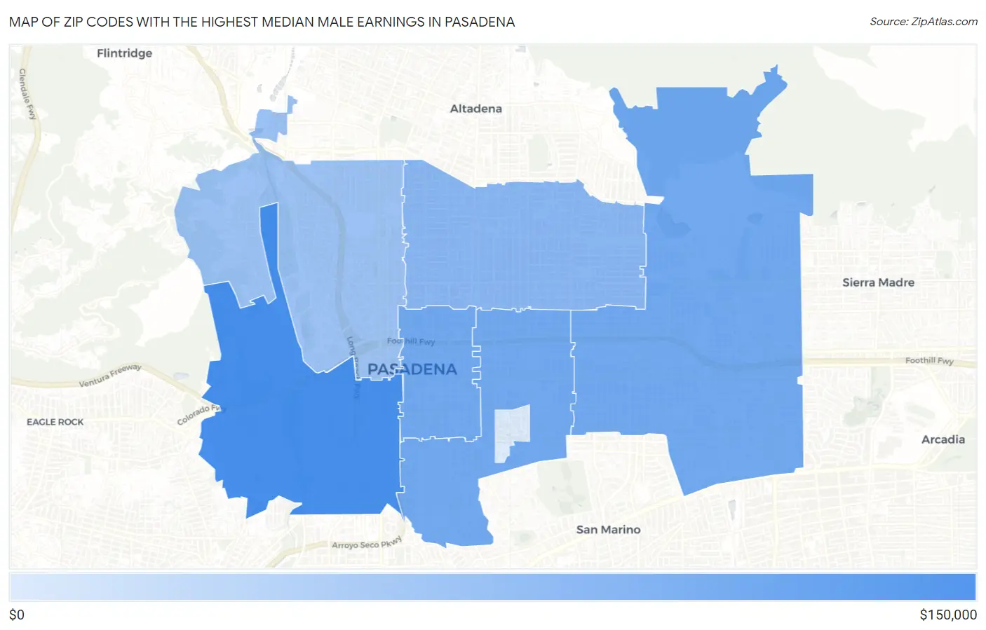 Zip Codes with the Highest Median Male Earnings in Pasadena Map