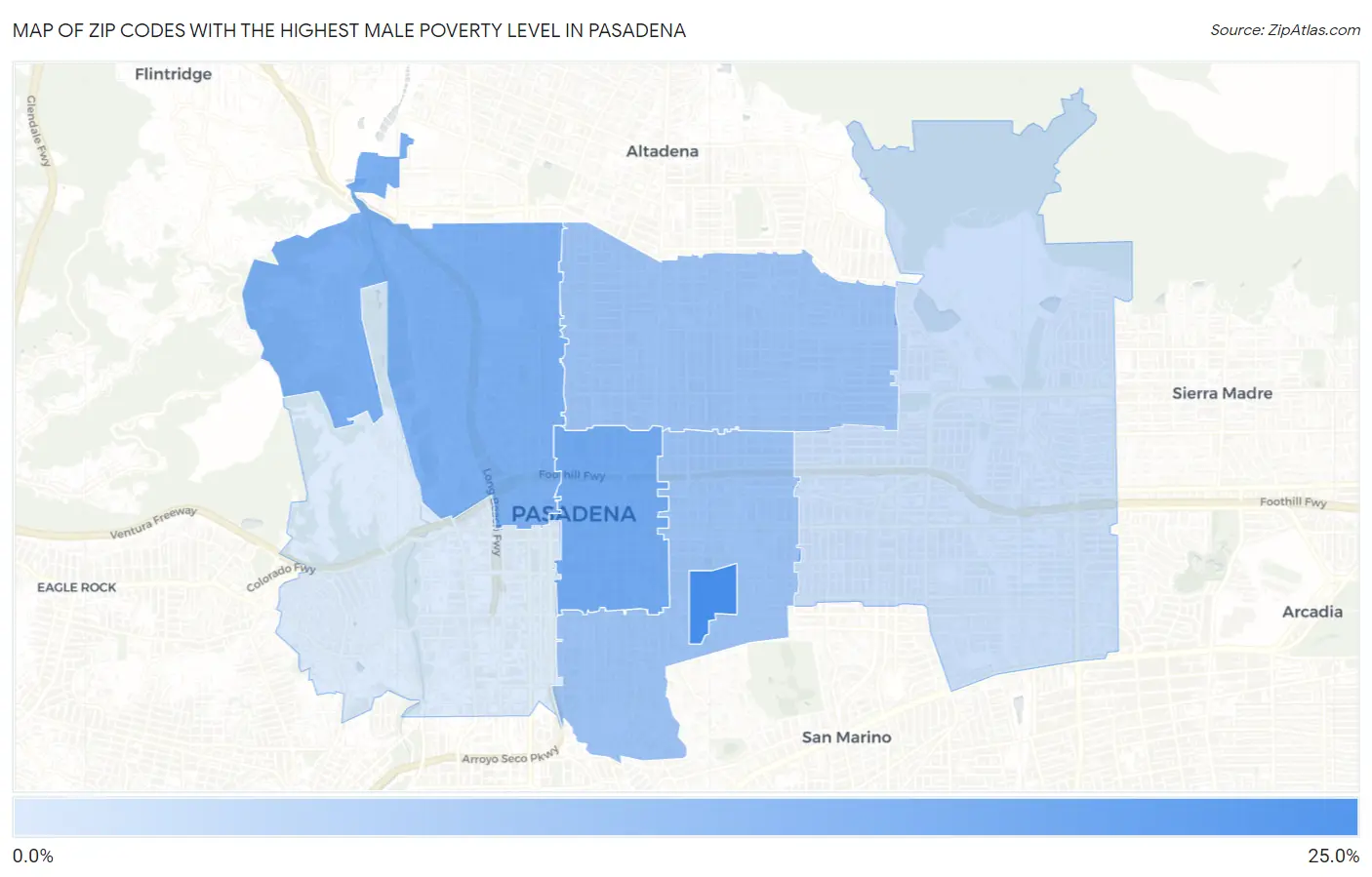 Zip Codes with the Highest Male Poverty Level in Pasadena Map