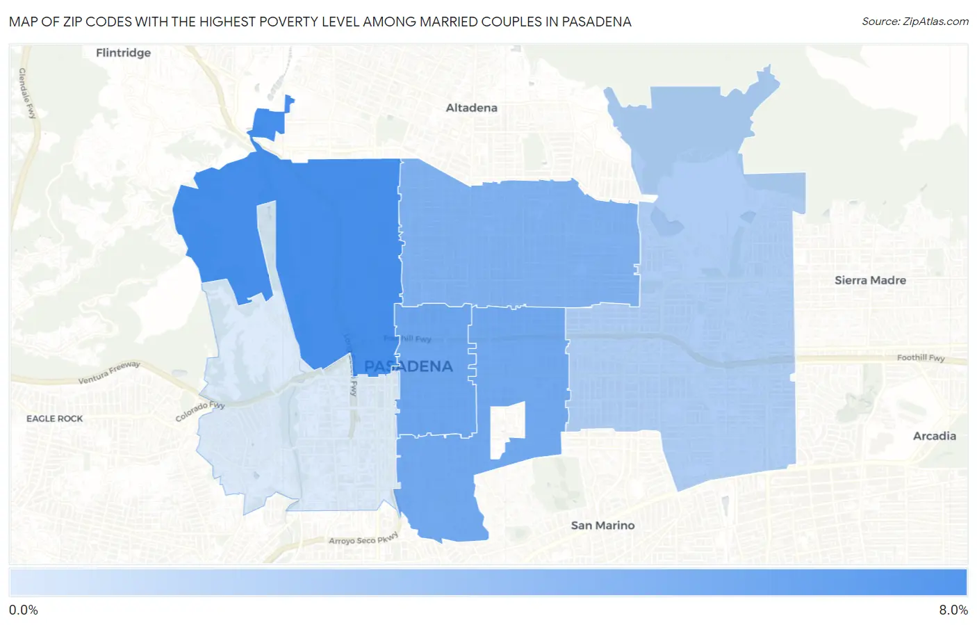Zip Codes with the Highest Poverty Level Among Married Couples in Pasadena Map